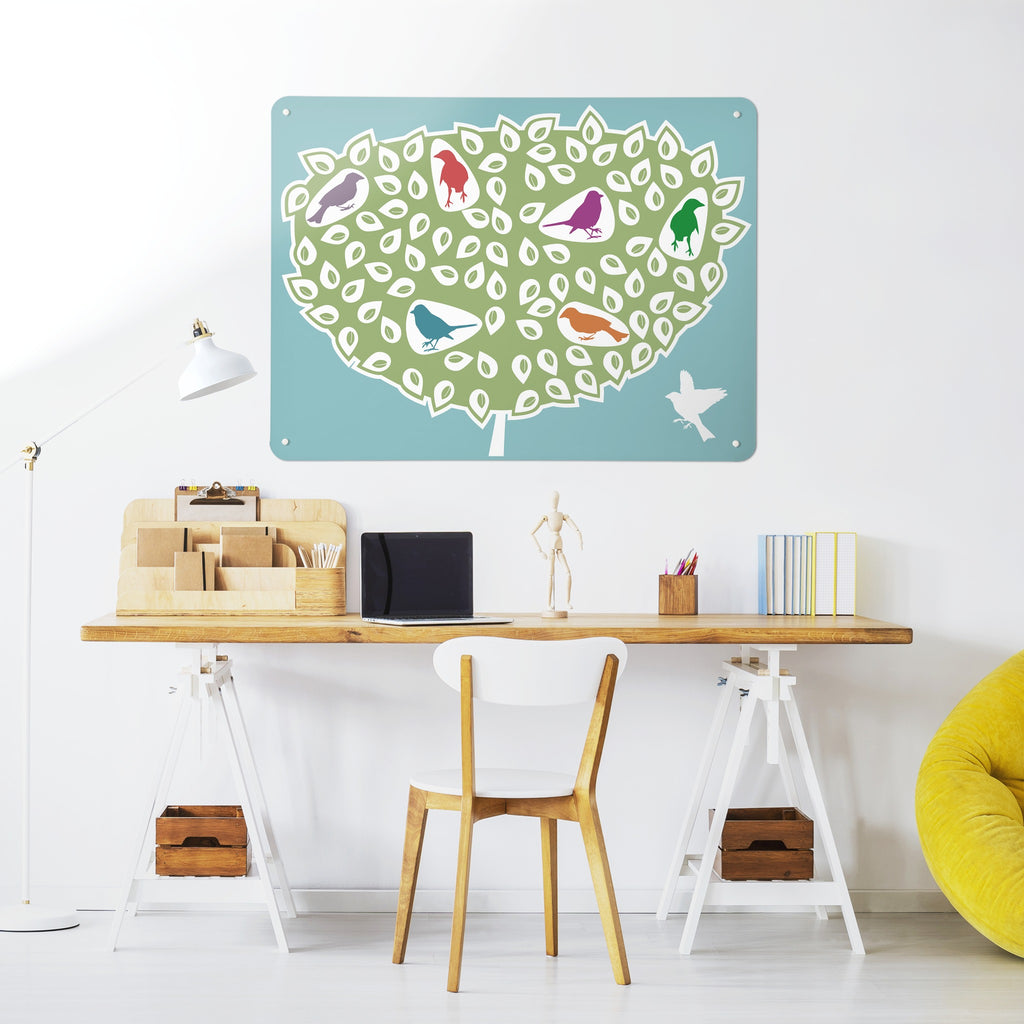 Birds In A Tree magnetic notice board in Coloured Birds in a Tree above a desk in a home office
