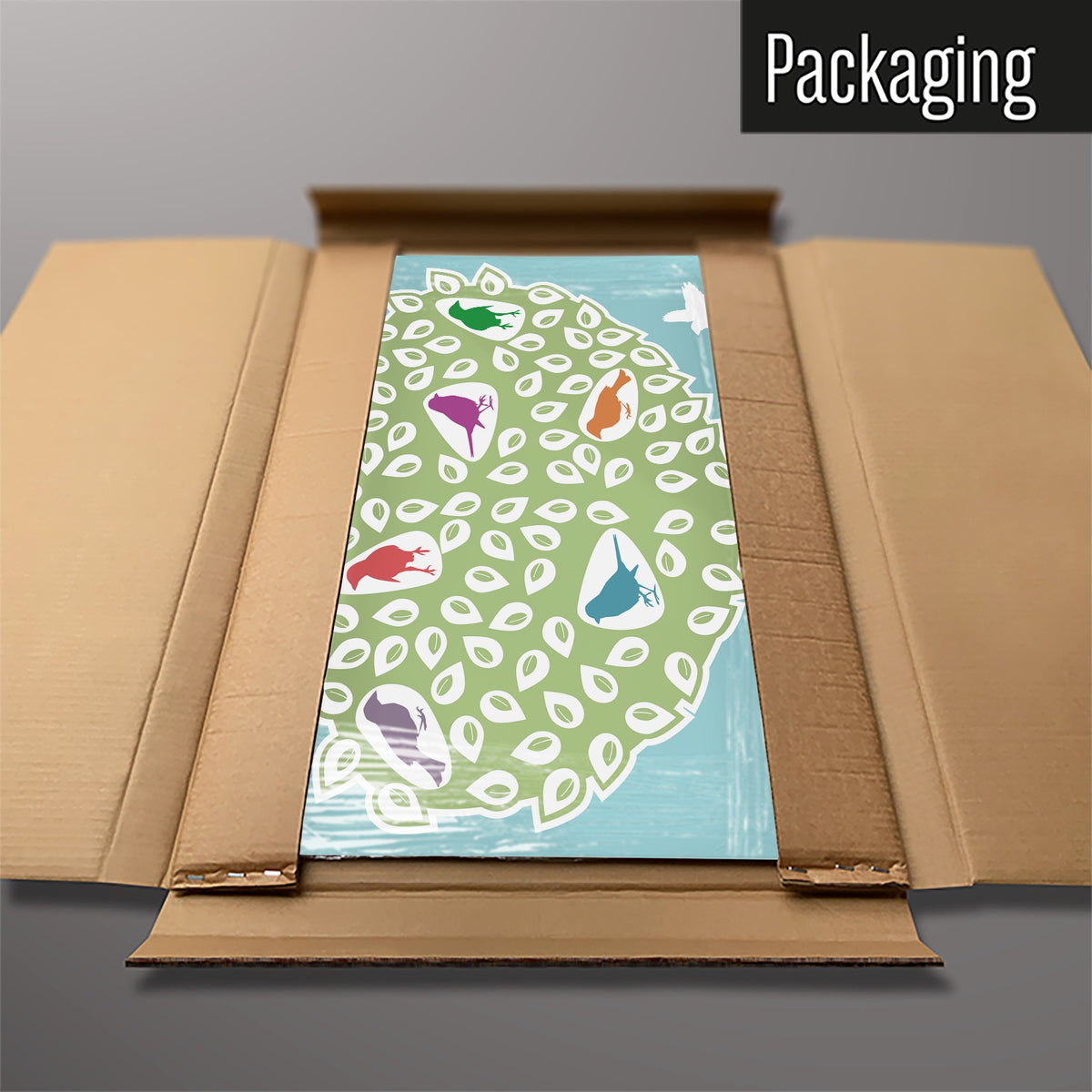 The Birds In A Tree magnetic notice board in Coloured Birds in a Tree packed flat in its cardboard box
