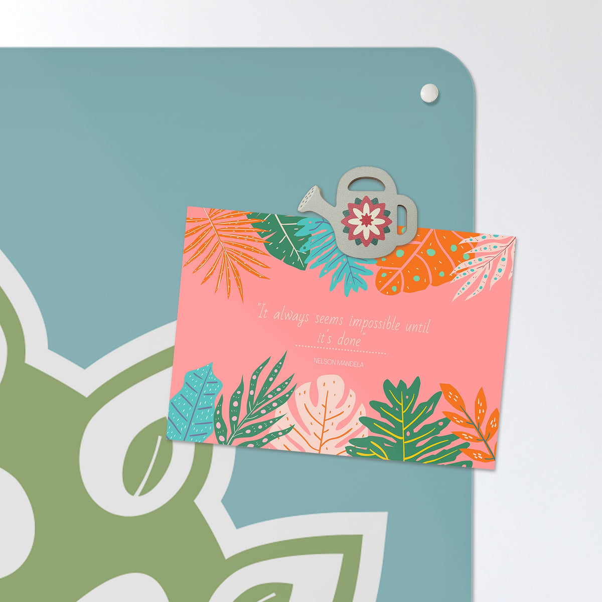 A postcard held by a fridge magnet on the Birds In A Tree magnetic notice board in Coloured Birds in a Tree