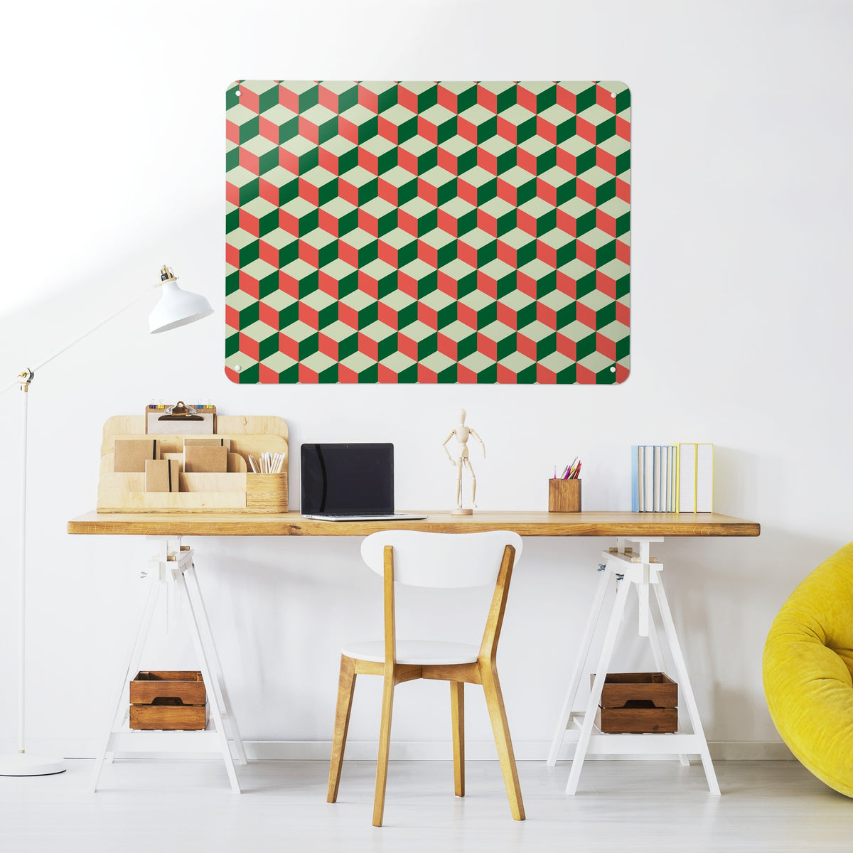 Blocks Design magnetic notice board in Red Cream and Green above a desk in a home office