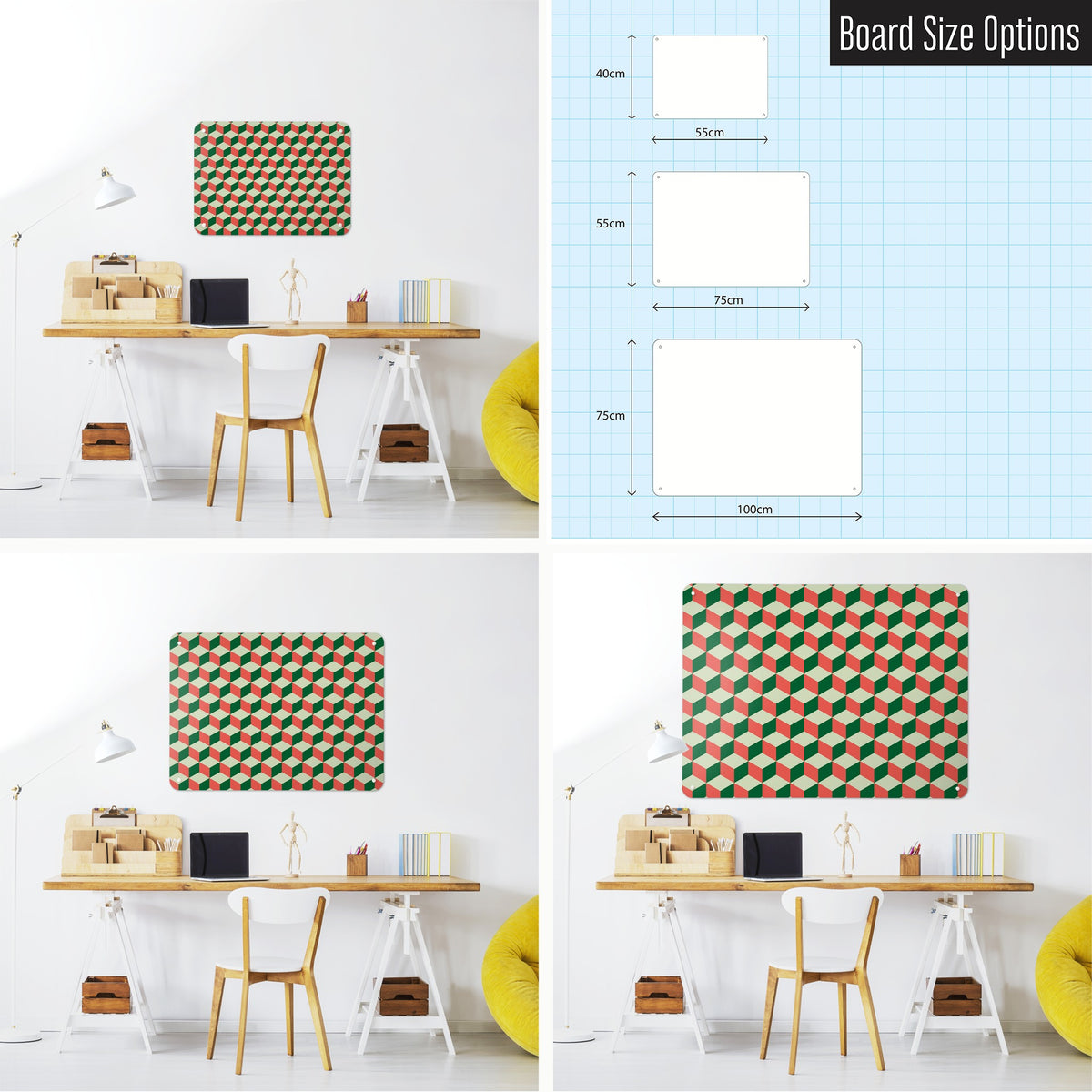 Blocks Design magnetic notice board in Red Cream and Green shown in small, medium and large, with the measurements of each