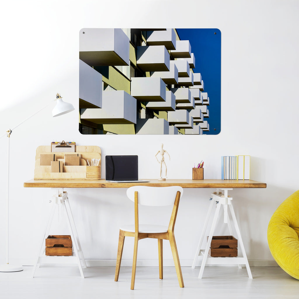 Brutalist Balconies magnetic notice board above a desk in a home office