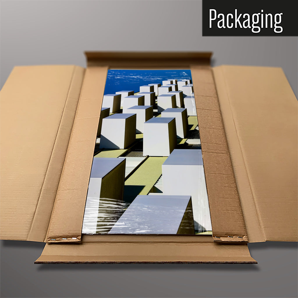 The Brutalist Balconies magnetic notice board packed flat in its cardboard box