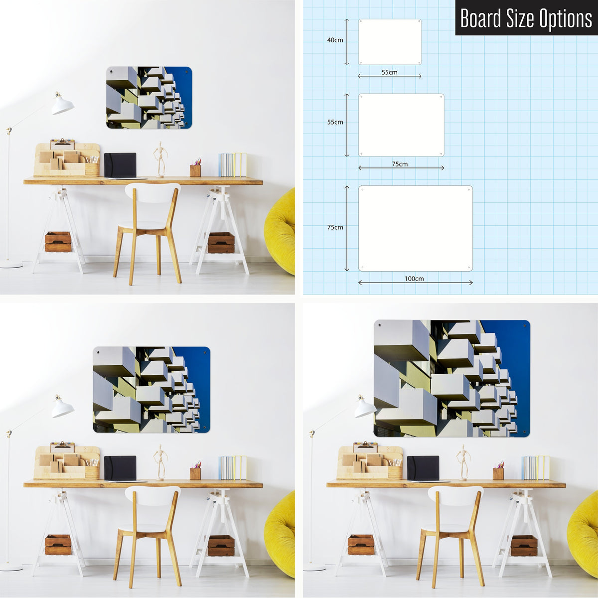 Brutalist Balconies magnetic notice board shown in small, medium and large, with the measurements of each