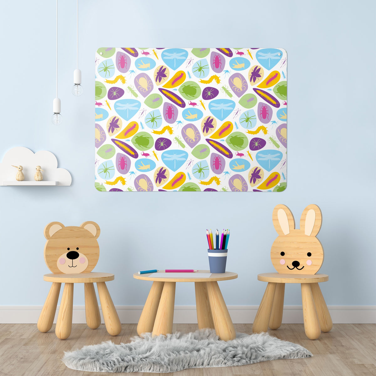 Bugs Bright magnetic notice board on the wall of a children's room