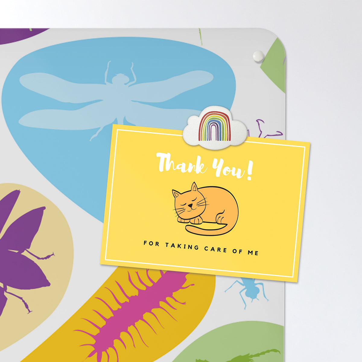 A postcard held by a fridge magnet on the Bugs Bright magnetic notice board