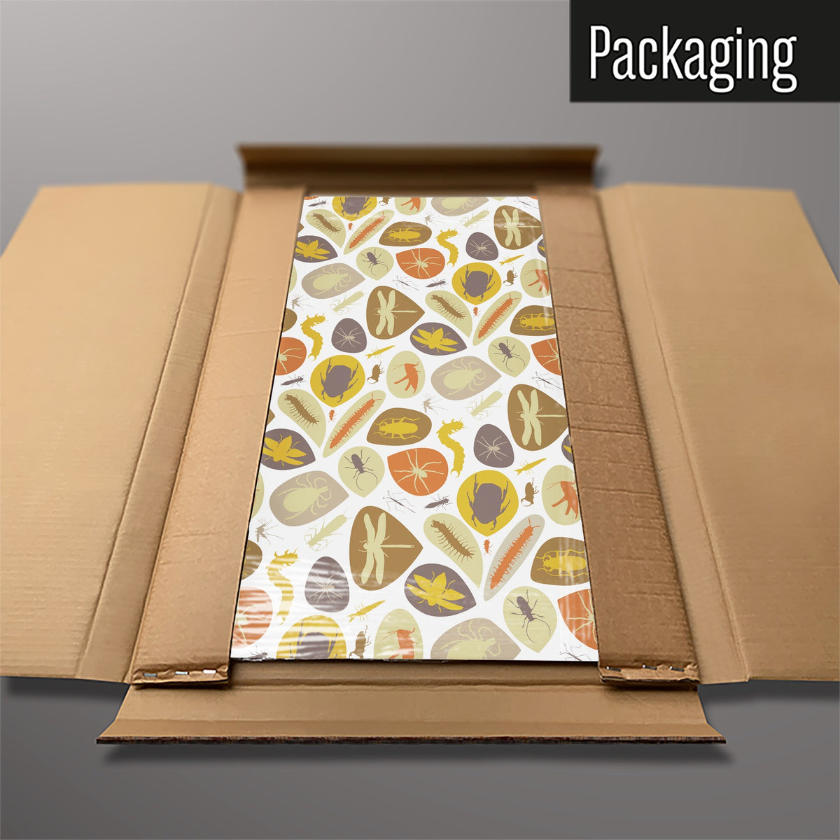 The Bugs Earthy magnetic notice board packed flat in its cardboard box