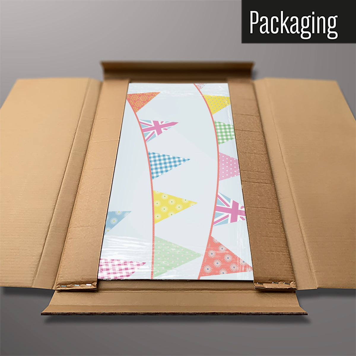The Bunting magnetic notice board packed flat in its cardboard box
