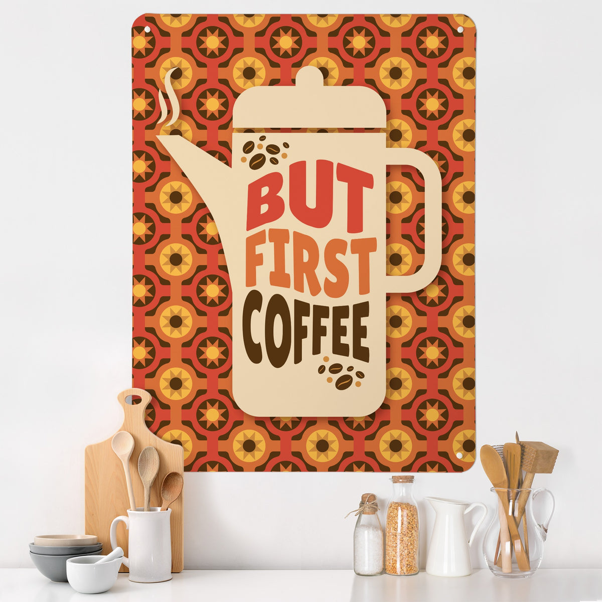 But First Coffee Quote magnetic notice board on a kitchen wall