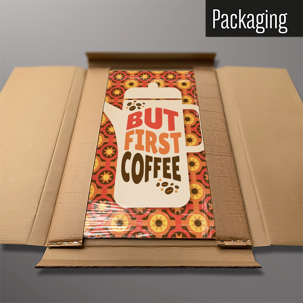 The But First Coffee Quote magnetic notice board packed flat in its cardboard box