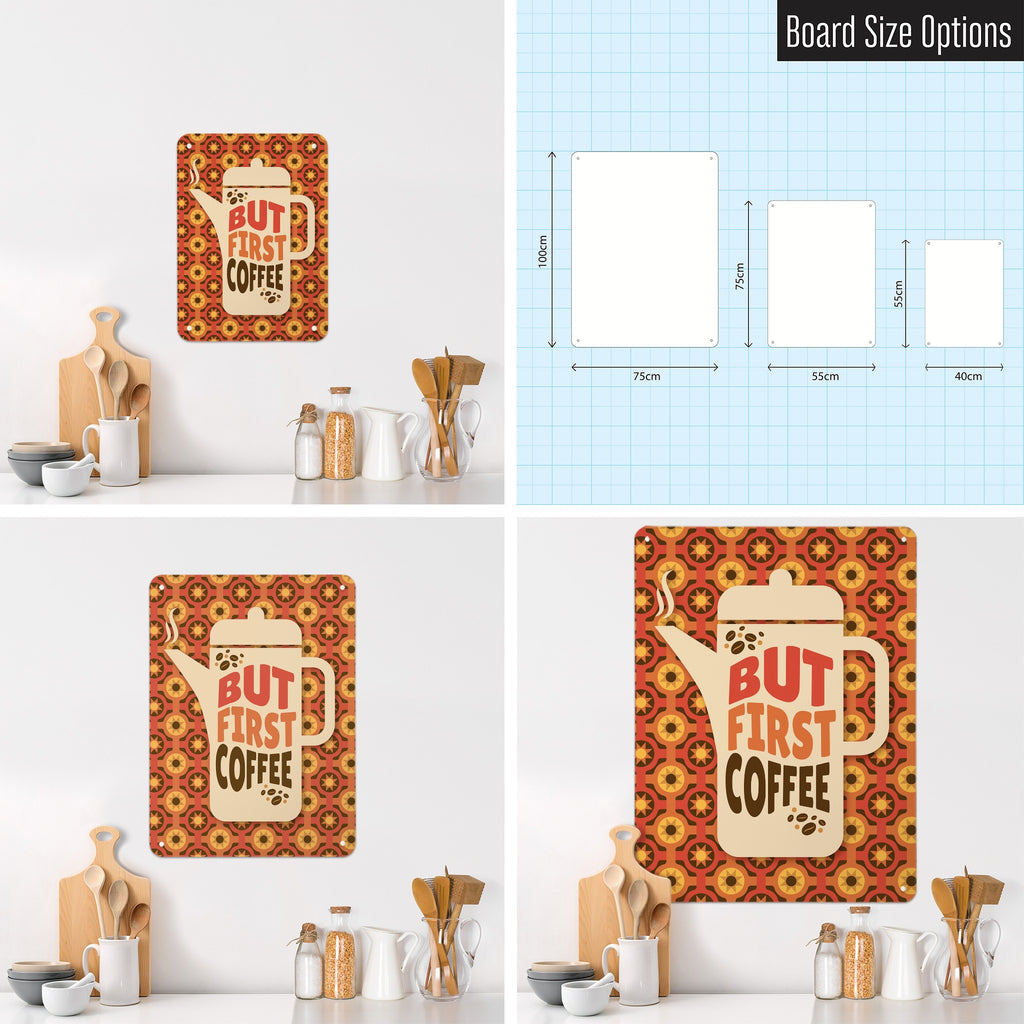 But First Coffee Quote magnetic notice board shown in small, medium and large, with the measurements of each