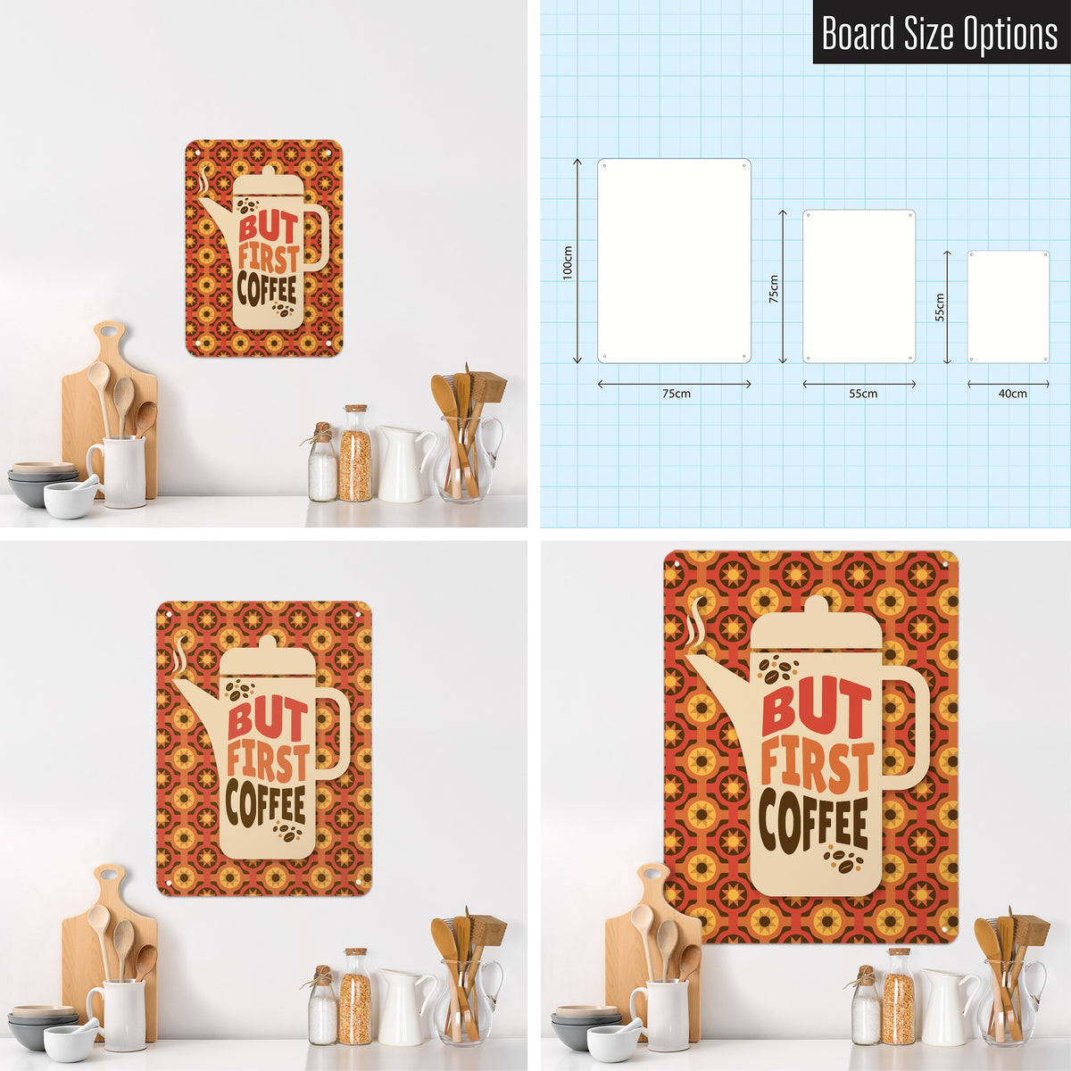 But First Coffee Quote magnetic notice board shown in small, medium and large, with the measurements of each