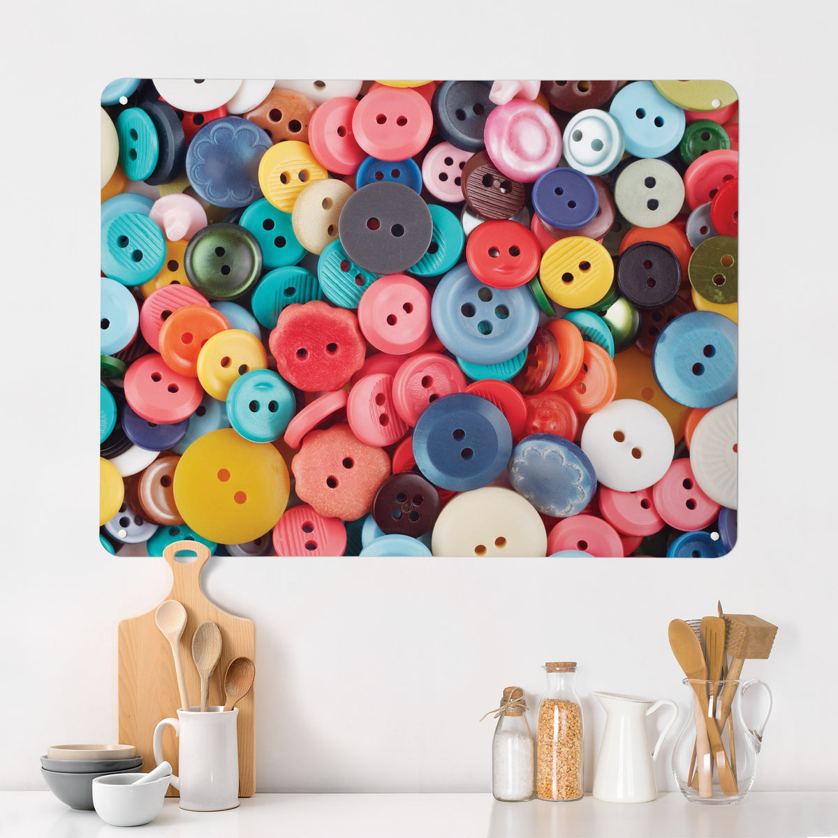 Buttons magnetic notice board in Buttons on a kitchen wall