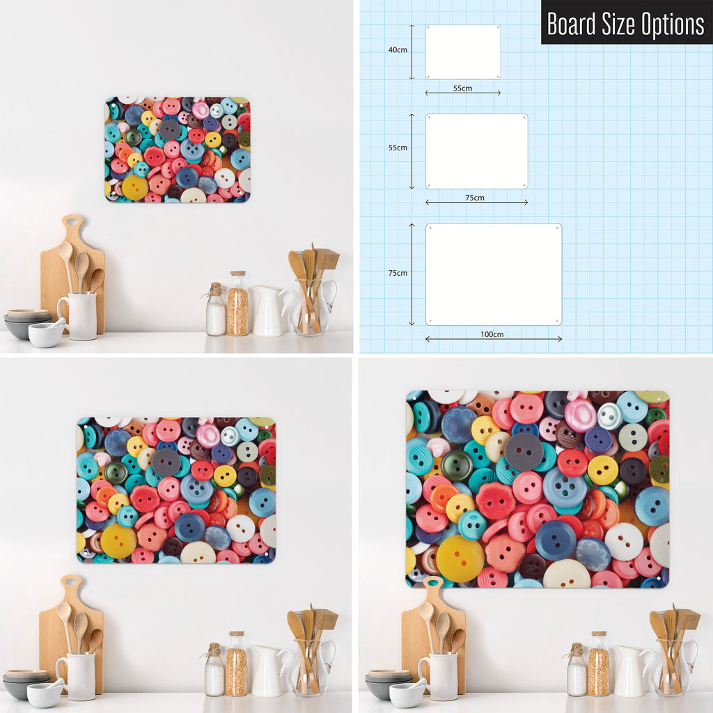 Buttons magnetic notice board in Buttons shown in small, medium and large, with the measurements of each