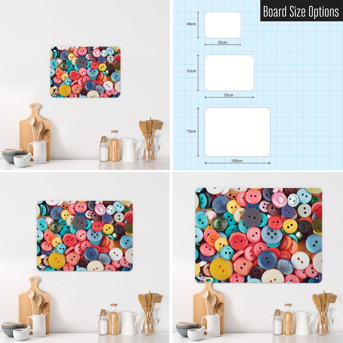 Buttons magnetic notice board in Buttons shown in small, medium and large, with the measurements of each