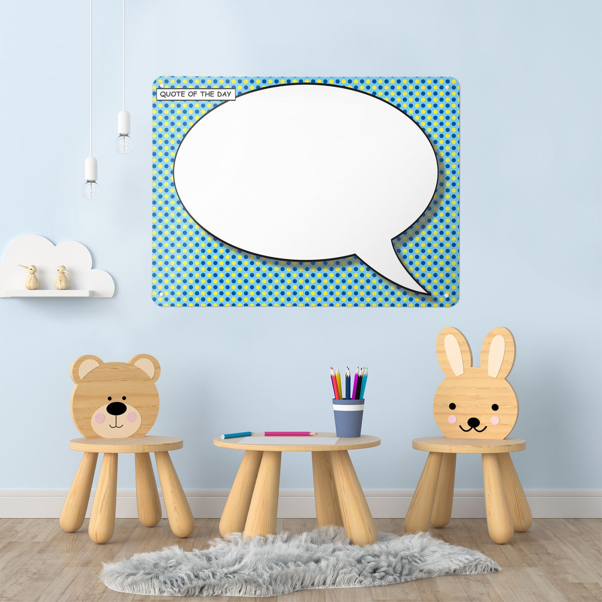 Cartoon Bubble magnetic notice board in Speech Bubble - Blue/Yellow on the wall of a children's room