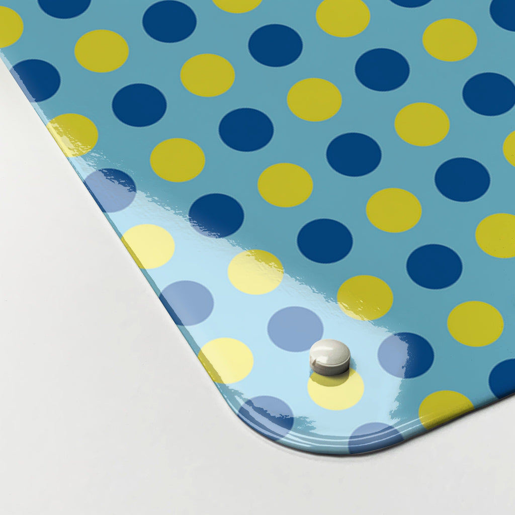 Close-up of the corner of the Cartoon Bubble magnetic notice board in Speech Bubble - Blue/Yellow, showing the gloss finish and a screw cap