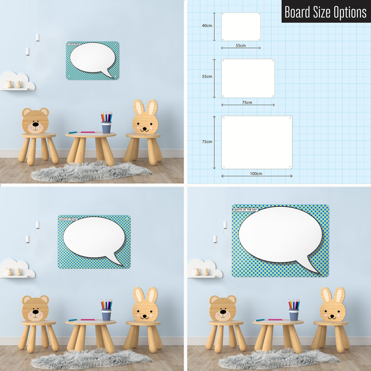 Cartoon Bubble magnetic notice board in Speech Bubble - Blue/Yellow shown in small, medium and large, with the measurements of each