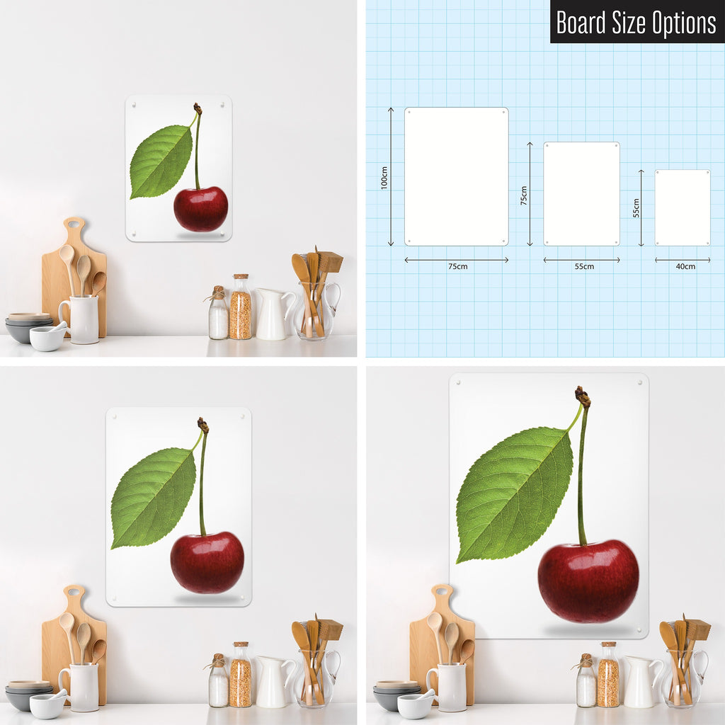 Cherry magnetic notice board in Cherry shown in small, medium and large, with the measurements of each