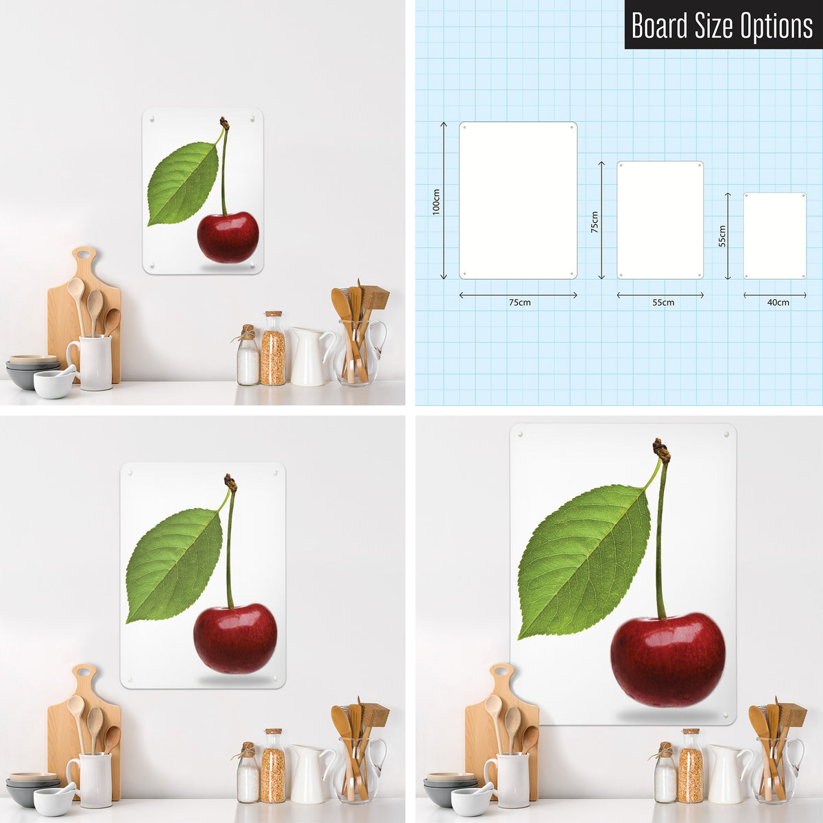 Cherry magnetic notice board in Cherry shown in small, medium and large, with the measurements of each