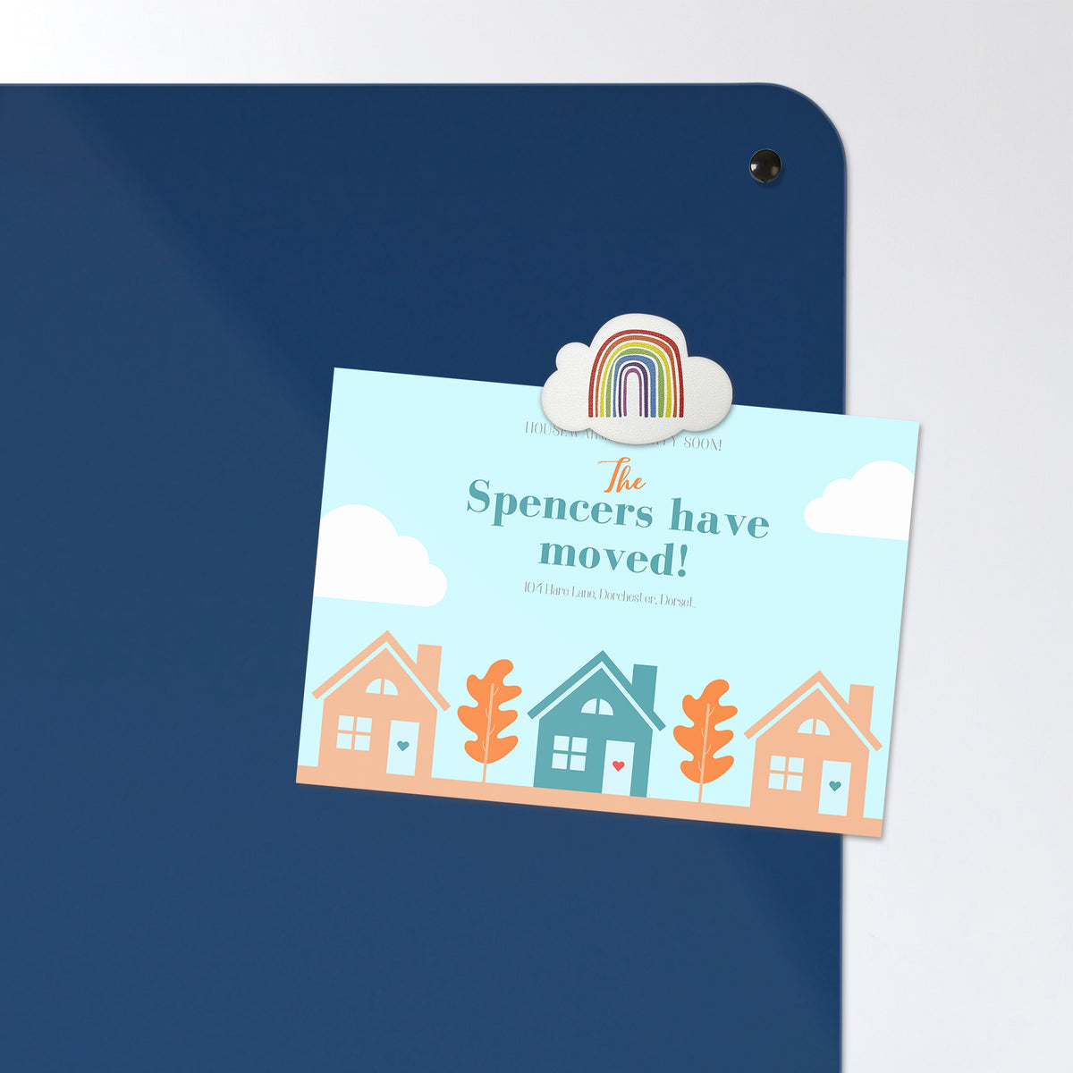 A postcard held by a fridge magnet on the Cloud Heart magnetic notice board in Cloud Heart