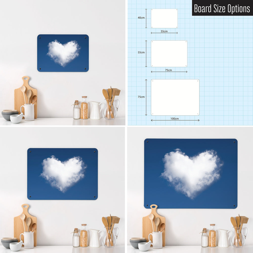 Cloud Heart magnetic notice board in Cloud Heart shown in small, medium and large, with the measurements of each