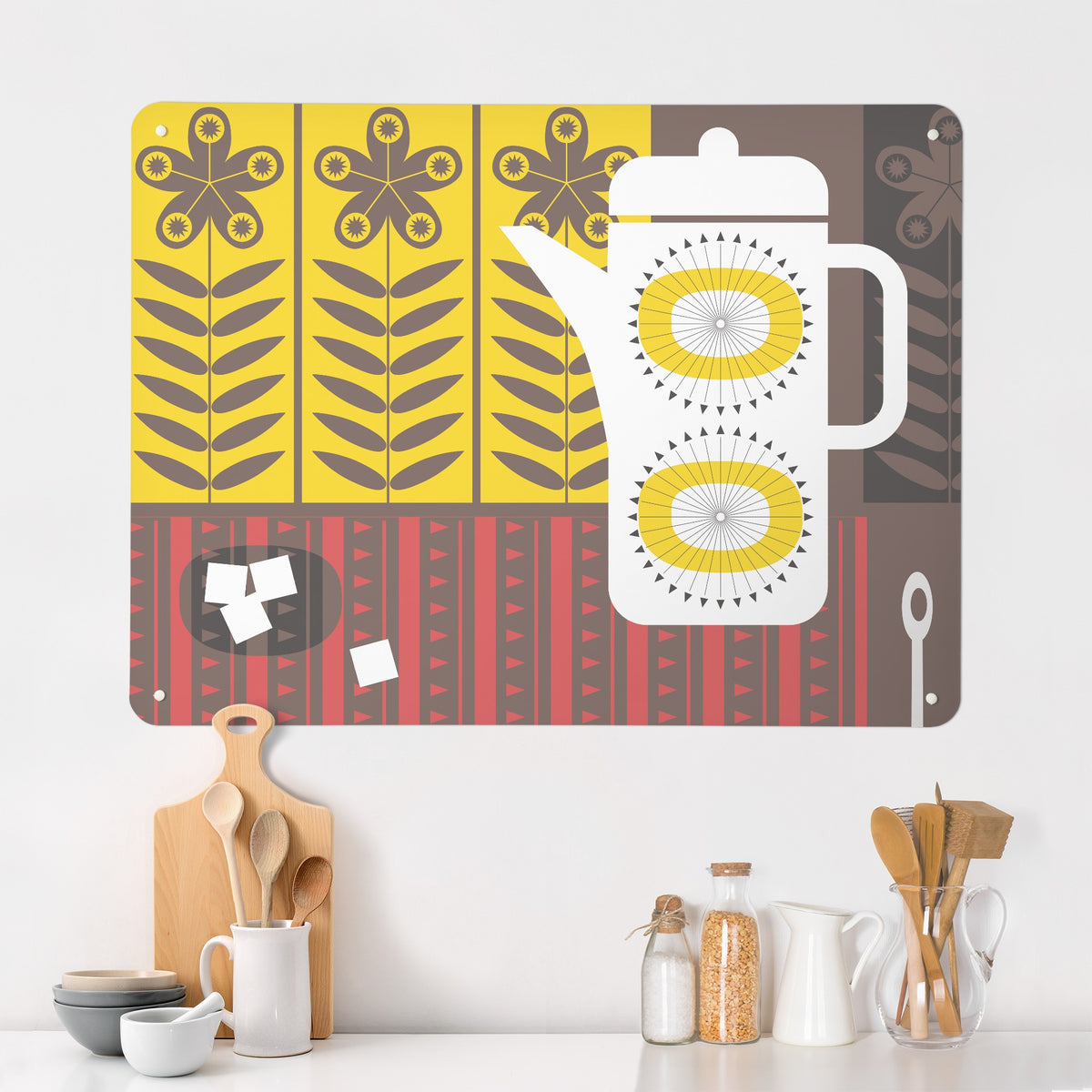 Coffee Pot magnetic notice board in Coffee Pot - White on a kitchen wall