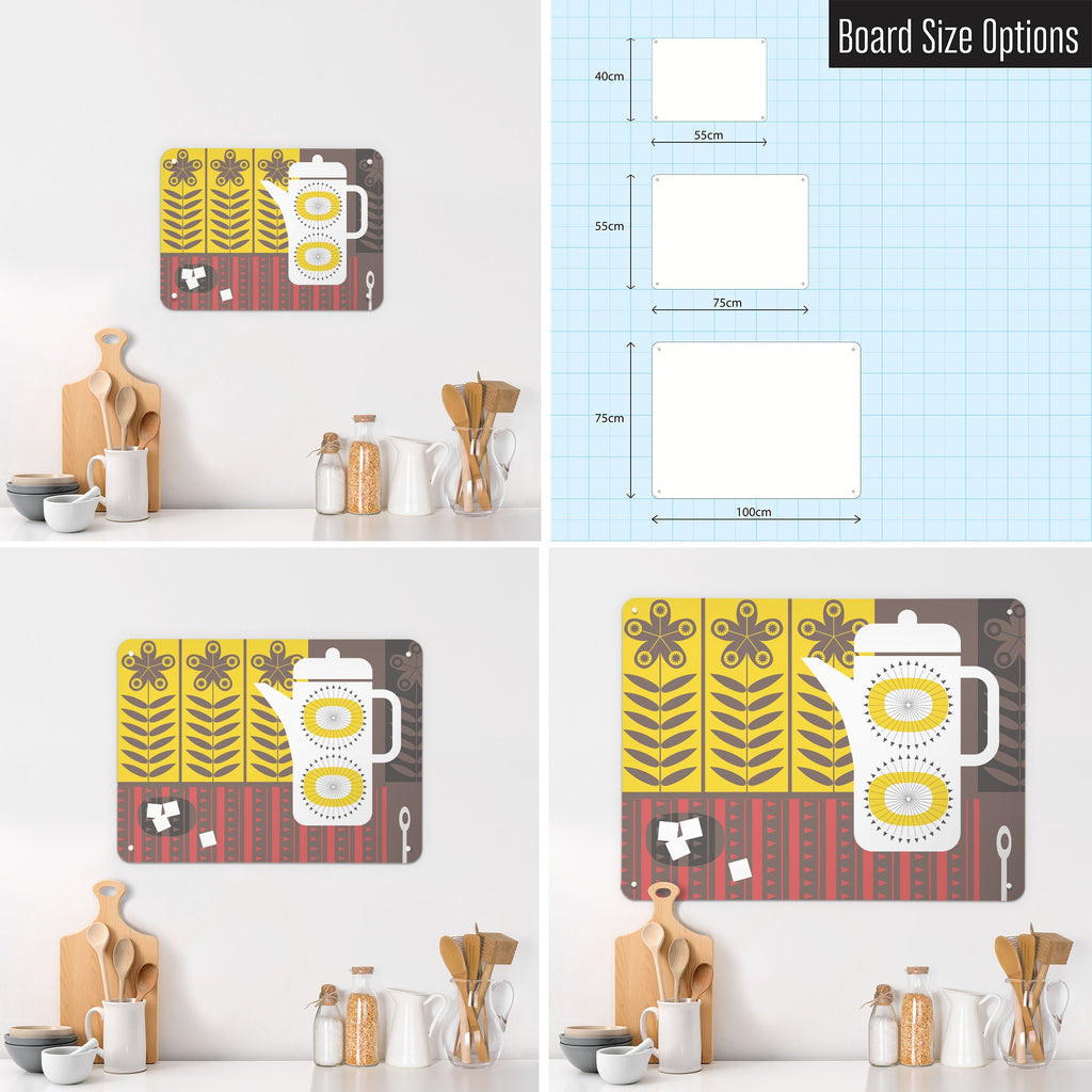 Coffee Pot magnetic notice board in Coffee Pot - White shown in small, medium and large, with the measurements of each