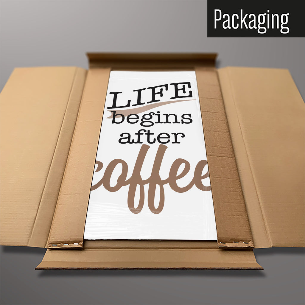 The Coffee Quote magnetic notice board packed flat in its cardboard box