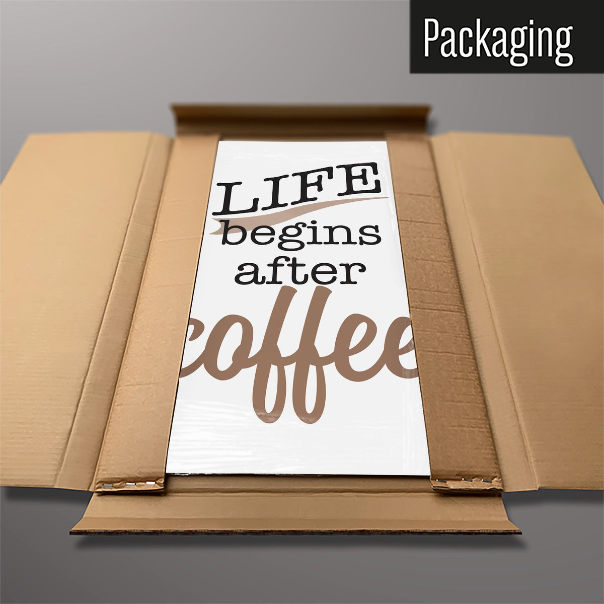 The Coffee Quote magnetic notice board packed flat in its cardboard box
