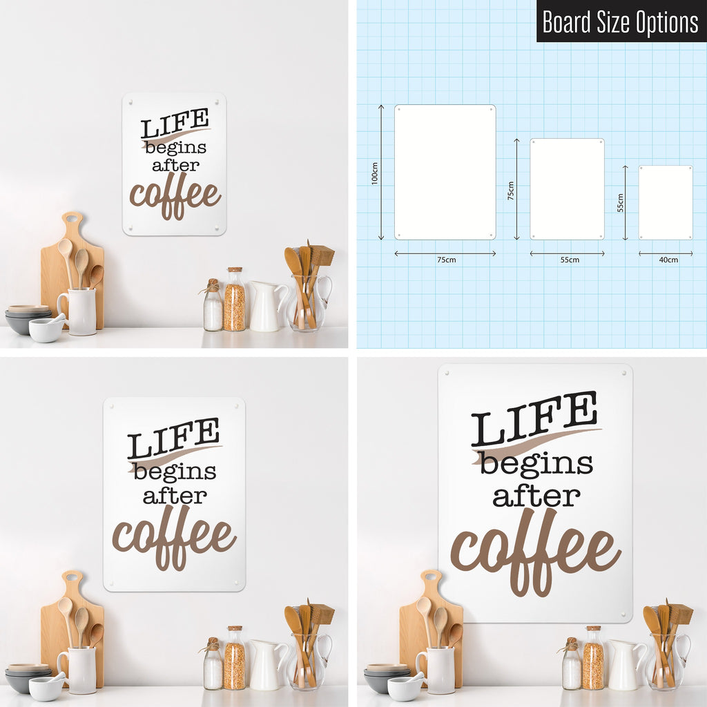 Coffee Quote magnetic notice board shown in small, medium and large, with the measurements of each