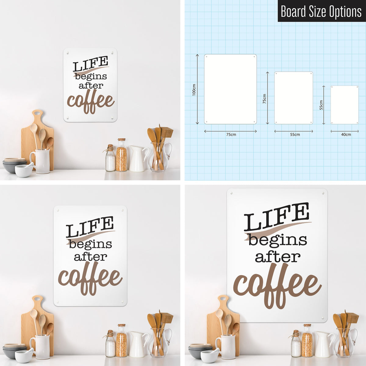 Coffee Quote magnetic notice board shown in small, medium and large, with the measurements of each