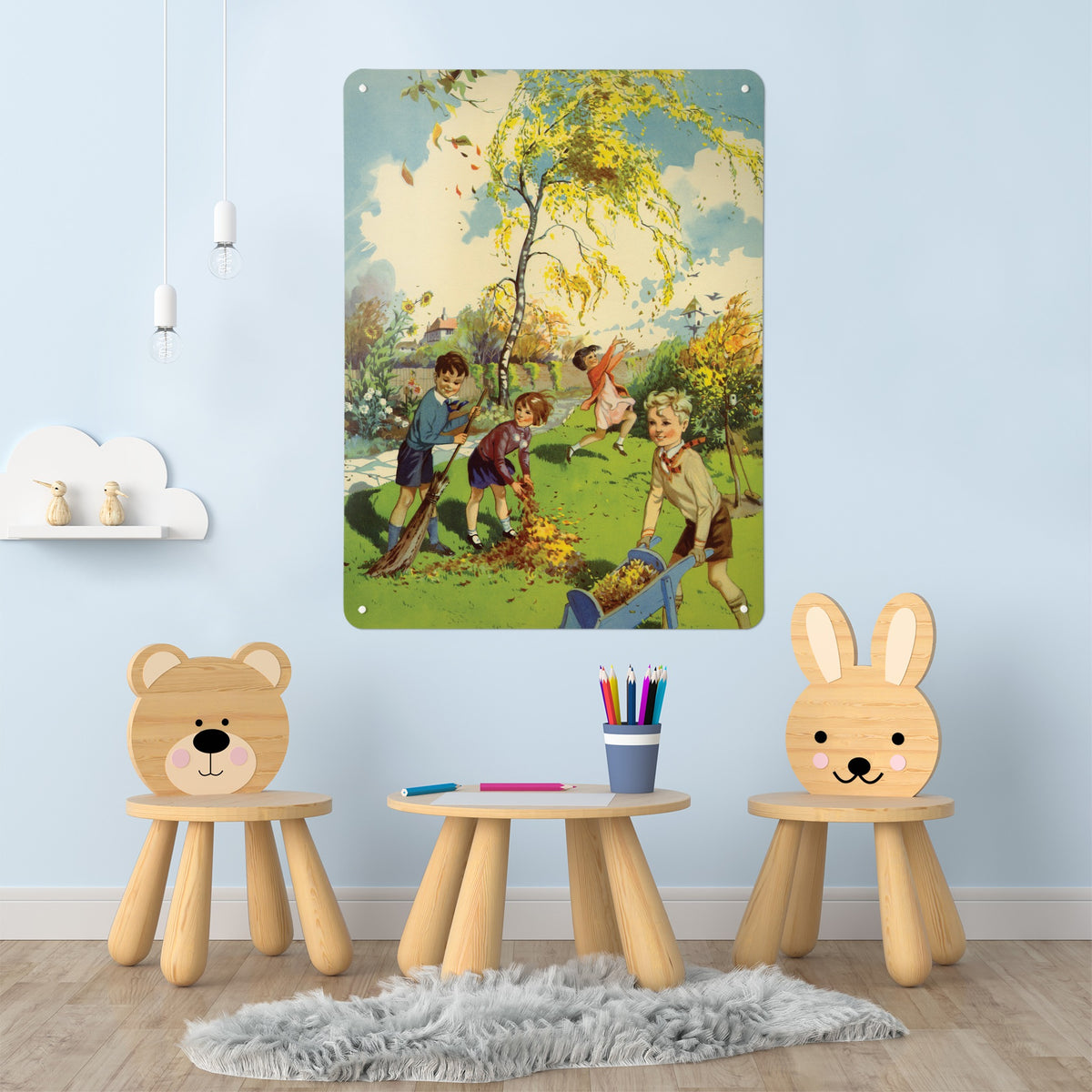 Collecting Leaves magnetic notice board on the wall of a children's room