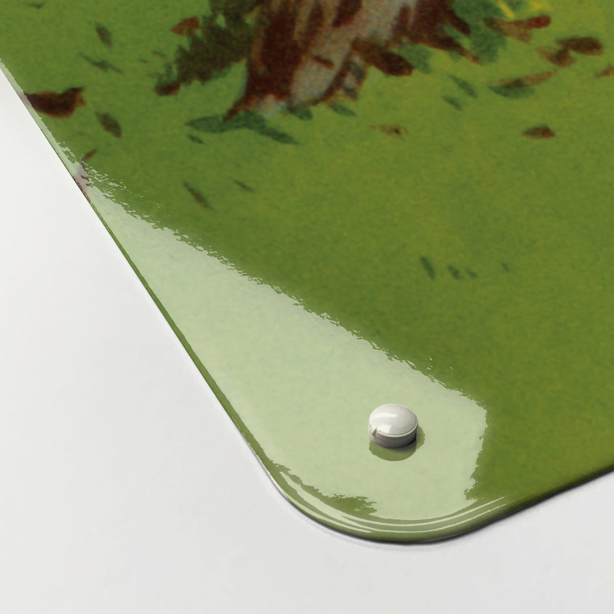 Close-up of the corner of the Collecting Leaves magnetic notice board, showing the gloss finish and a screw cap