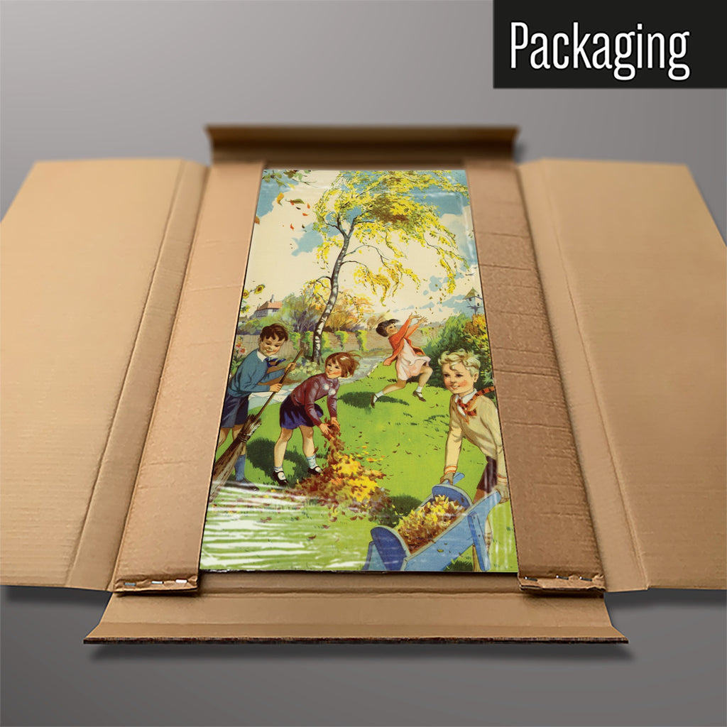 The Collecting Leaves magnetic notice board packed flat in its cardboard box