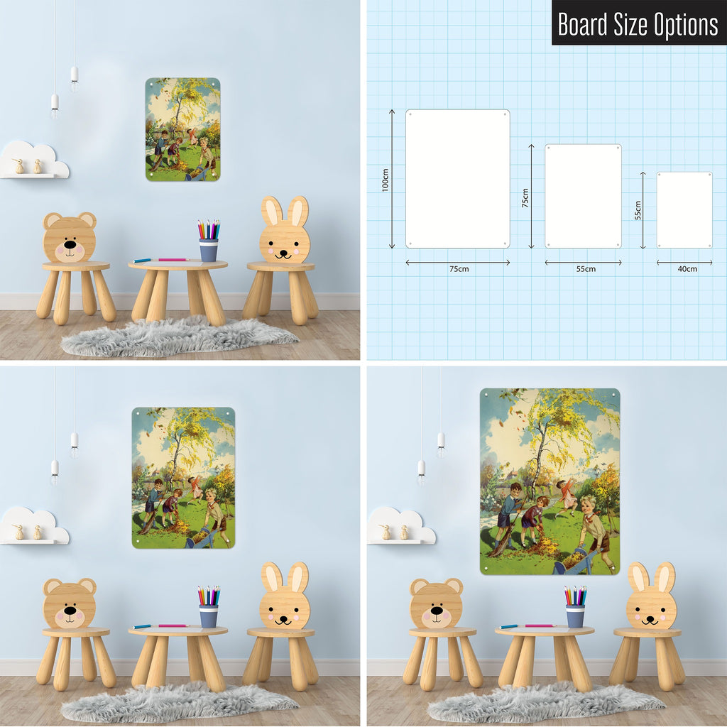 Collecting Leaves magnetic notice board shown in small, medium and large, with the measurements of each