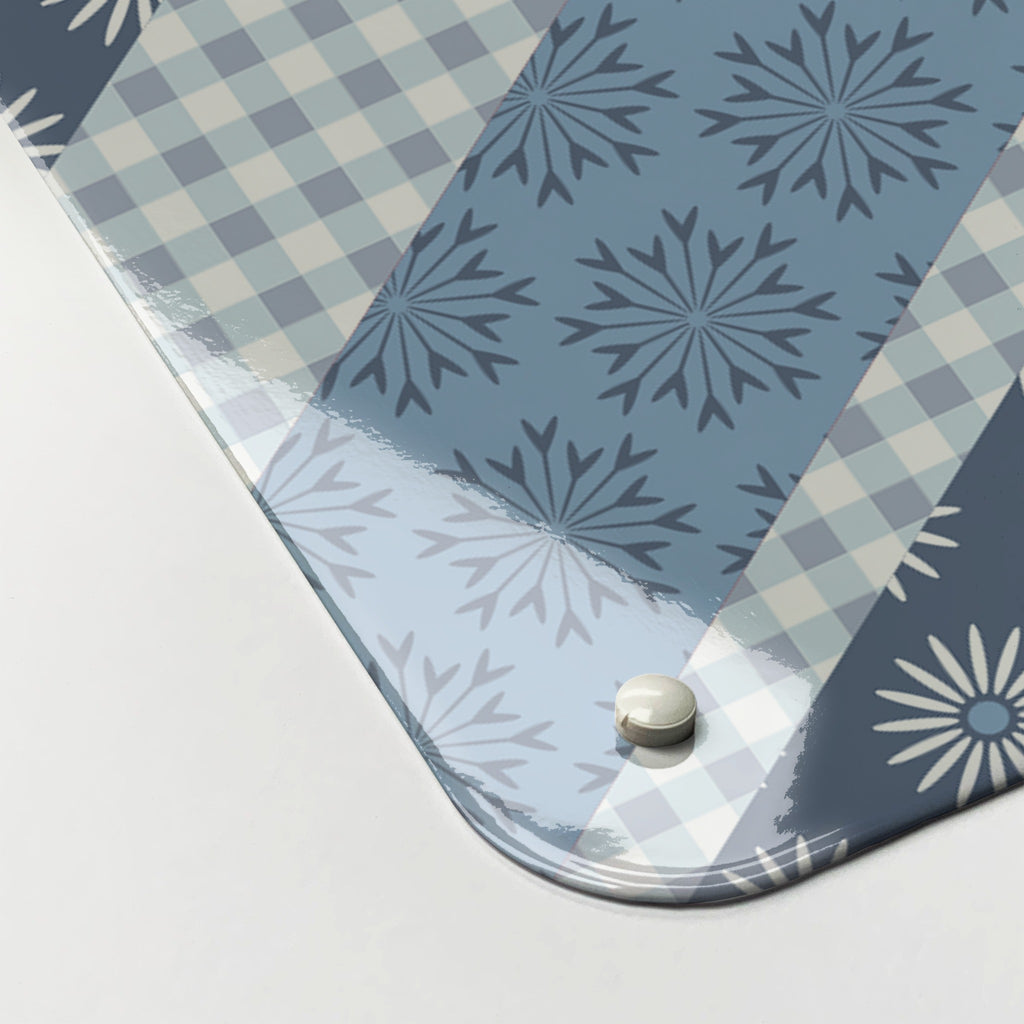 Close-up of the corner of the Cool Britannia magnetic notice board in Blue, showing the gloss finish and a screw cap
