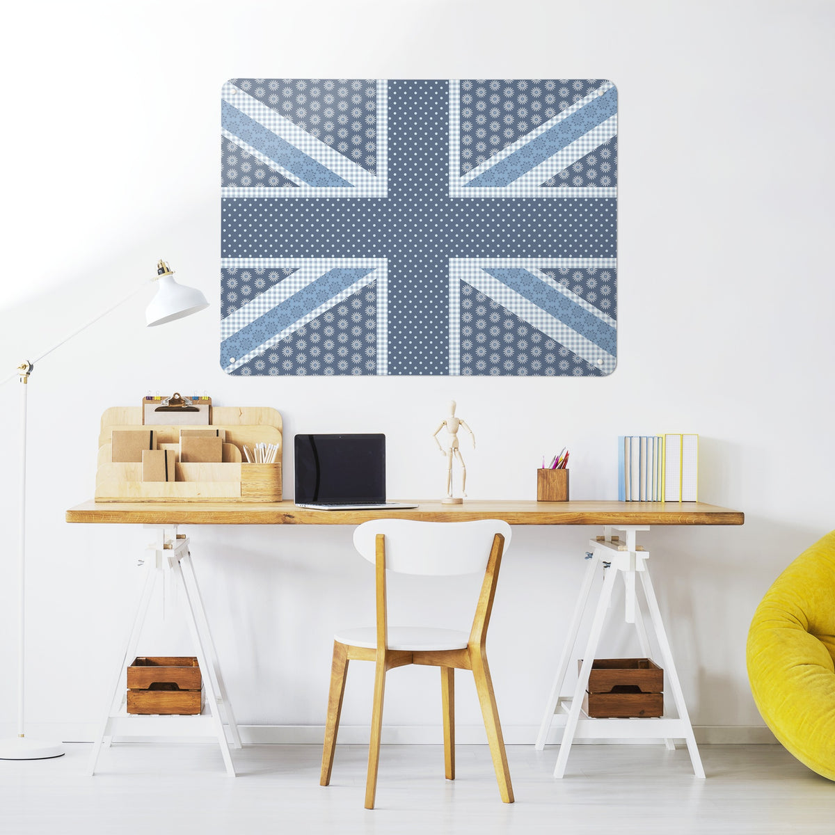 Cool Britannia magnetic notice board in Blue above a desk in a home office