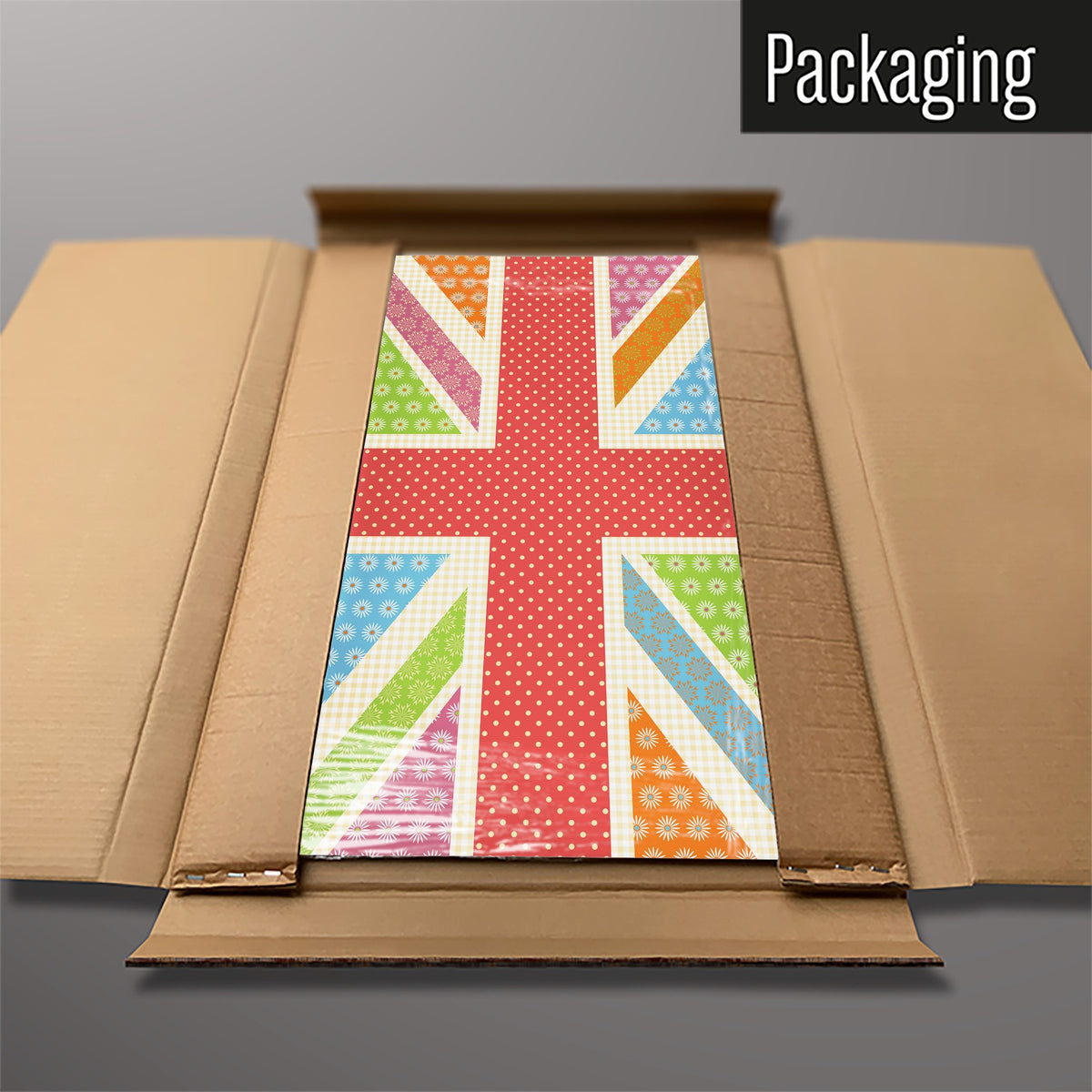 The Cool Britannia magnetic notice board in Fruity packed flat in its cardboard box