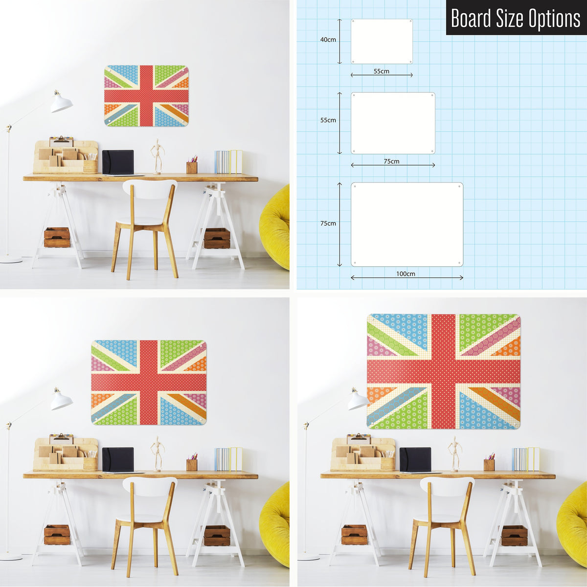 Cool Britannia magnetic notice board in Fruity shown in small, medium and large, with the measurements of each