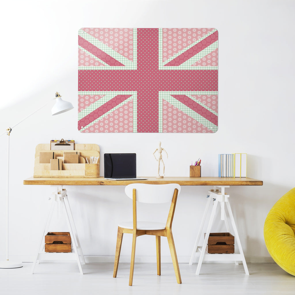 Cool Britannia magnetic notice board in Pink and Green above a desk in a home office