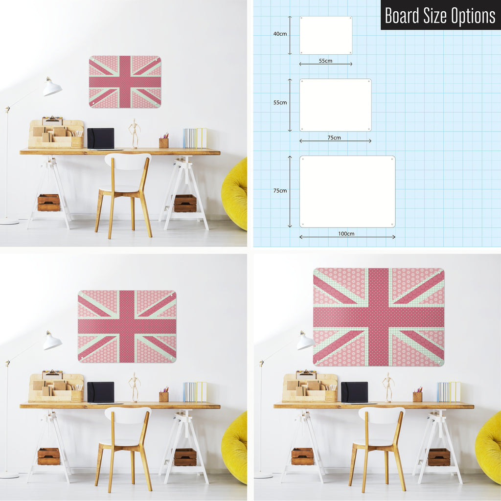 Cool Britannia magnetic notice board in Pink and Green shown in small, medium and large, with the measurements of each