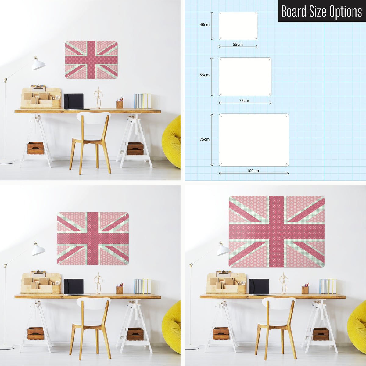 Cool Britannia magnetic notice board in Pink and Green shown in small, medium and large, with the measurements of each