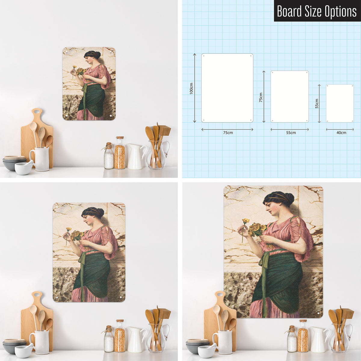 Crytilla magnetic notice board shown in small, medium and large, with the measurements of each