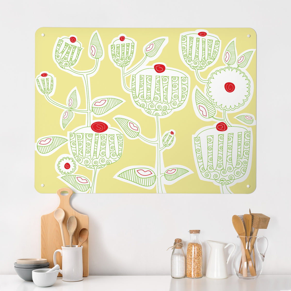 Cupcake Plant magnetic notice board in Cupcake Plant - Yellow on a kitchen wall