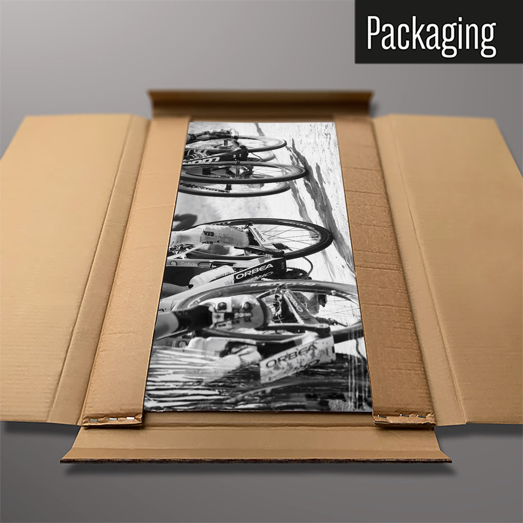 The Cyclists magnetic notice board packed flat in its cardboard box