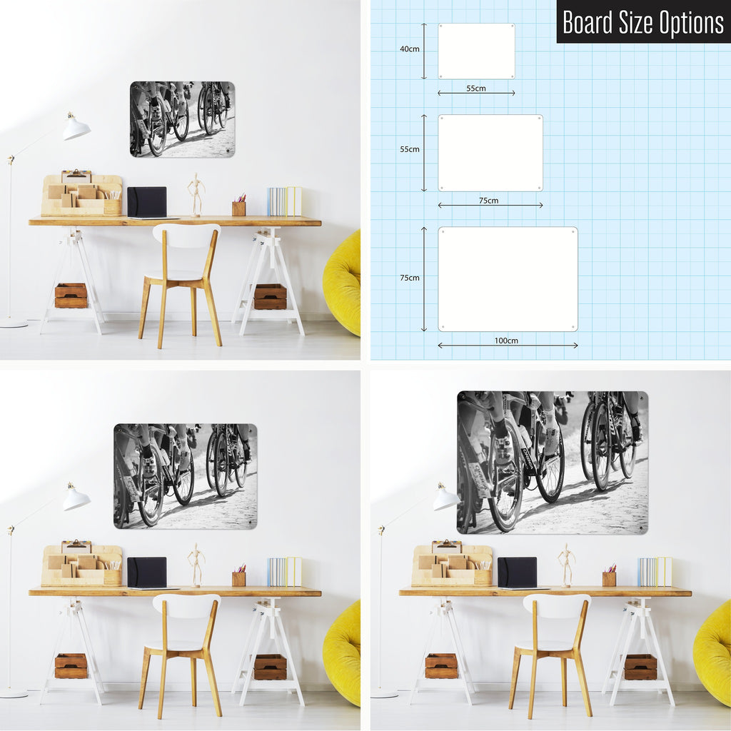 Cyclists magnetic notice board shown in small, medium and large, with the measurements of each