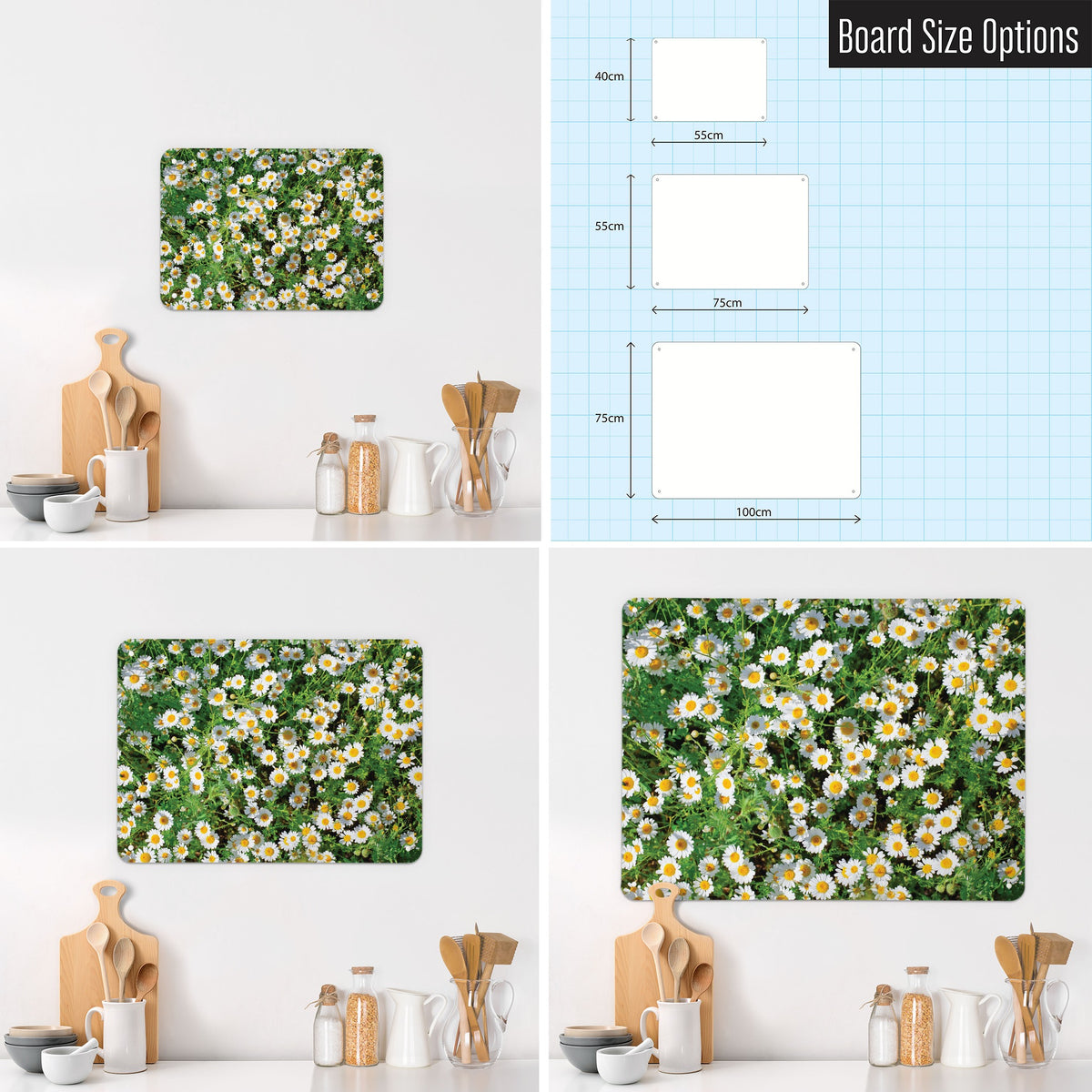 Daisies magnetic notice board in Daisies shown in small, medium and large, with the measurements of each