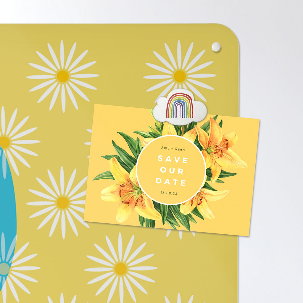 A postcard held by a fridge magnet on the Daisy The Cow magnetic notice board in Blue/Yellow