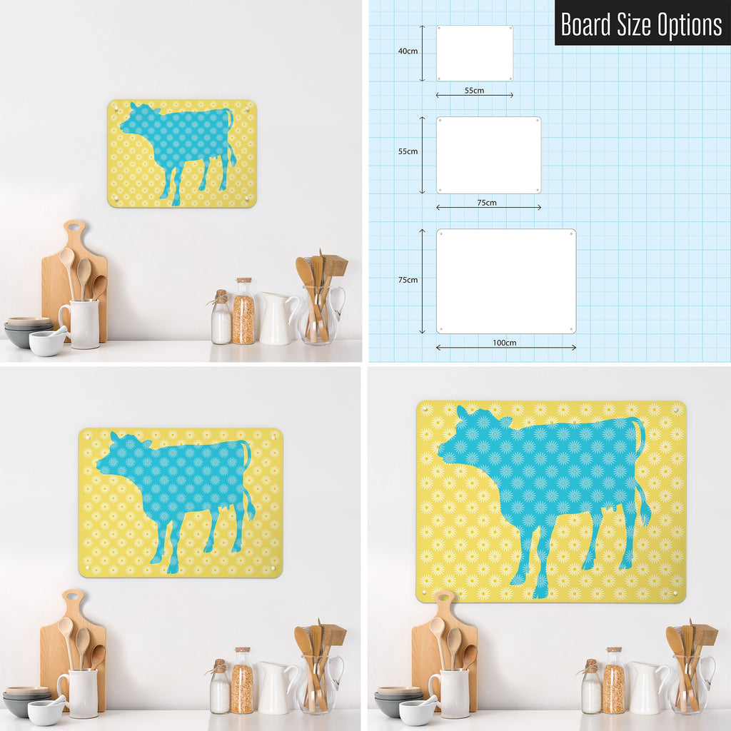 Daisy The Cow magnetic notice board in Blue/Yellow shown in small, medium and large, with the measurements of each